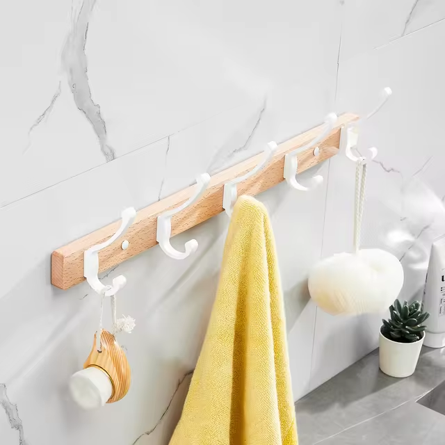 Rustic Wood Wall Hooks with Five Metal Hangers for Entryway | Lersk