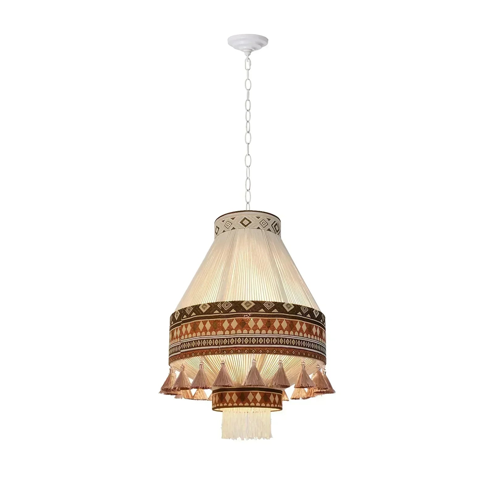 Závěsná lampa Astraea Boho s třásněmi a geometrickým vzorem | Lersk