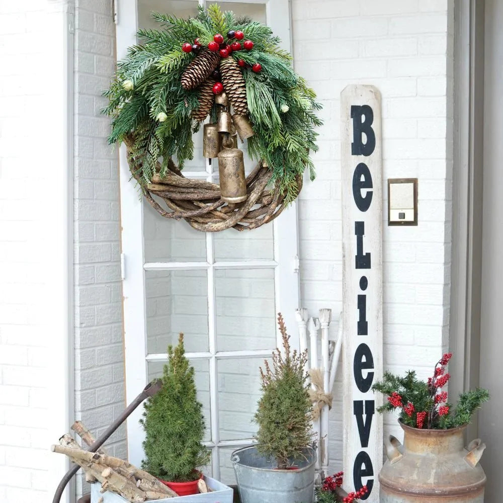 Christmas Wreath Boho Style With Rustic Vine Base Featuring Pinecones And Golden Bells | Lersk