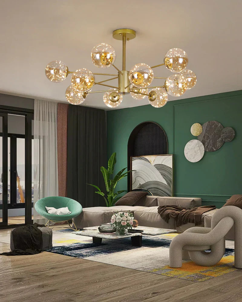 Lustr CelestiOrb s kouleným skleněným stínidlem pro moderní obývací pokoje | Lersk