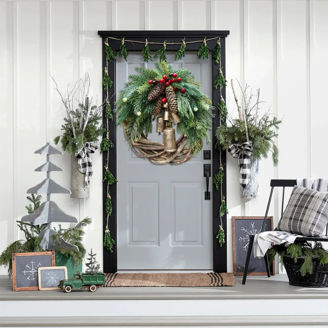 Christmas Wreath Boho Style With Rustic Vine Base Featuring Pinecones And Golden Bells | Lersk