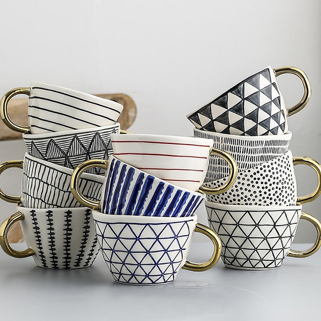 Elegant Cup With Abstract Geometric Pattern And Gold Handle For Everyday Coffee Or Tea | Lersk