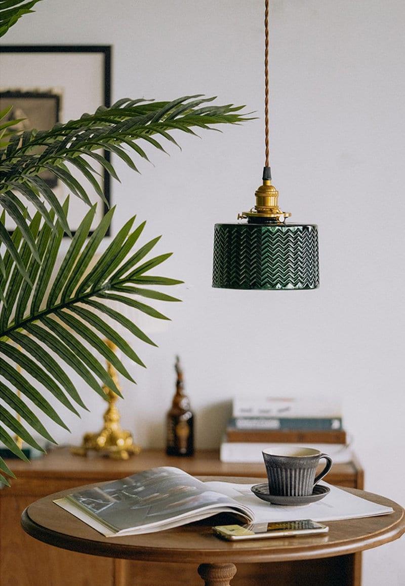 Liora | Lampada a sospensione cilindrica in vetro verde lucido stile Art Deco, lampadina LED inclusa | Lersk