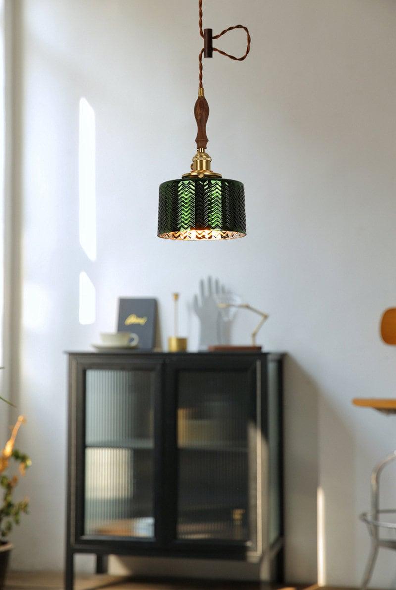 Liora | Lampada a sospensione cilindrica in vetro verde lucido stile Art Deco, lampadina LED inclusa | Lersk
