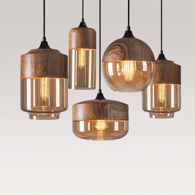 Lumina Nordic fém LED függeszték fa hatású dizájnnal, teás színű üveg búrával és izzóval | Lersk