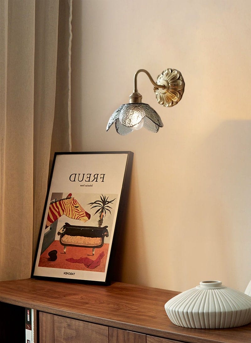 Lyra Lotus Wall Light Seeded Glass Brushed Brass Sconce | Lersk