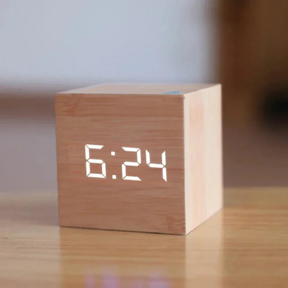 VerdiaCube Wooden LED Alarm Clock With Time Date And Temperature | Lersk