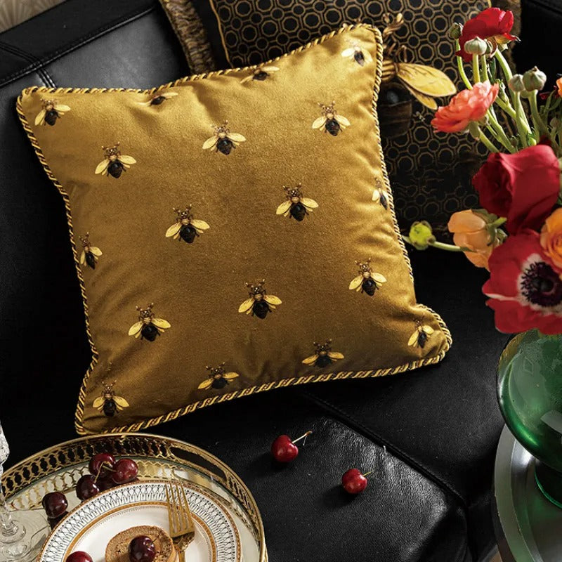 Elara Velvet Bee Print Cushion Cover In European Art | Lersk