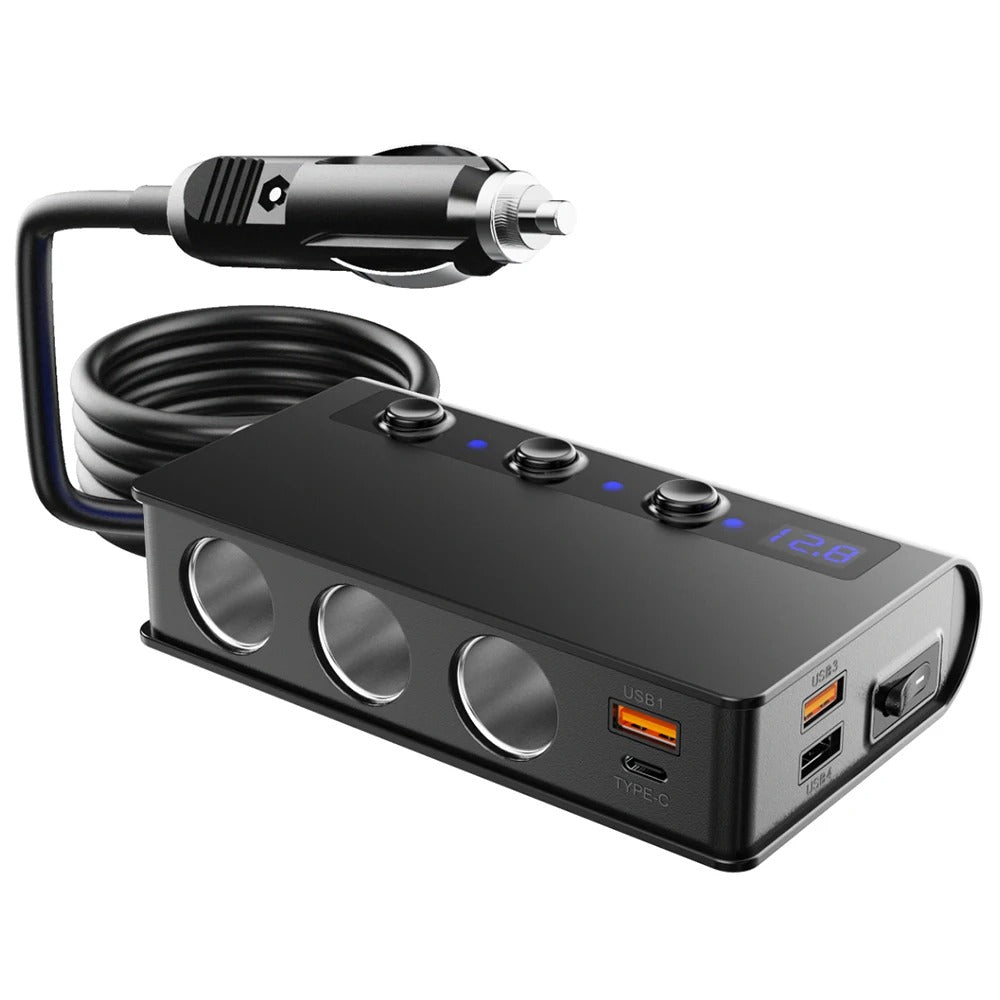 Rychlá nabíječka do auta NovaCharge se čtyřmi porty, USB porty a zásuvkami na zapalovač 180W | Lersk