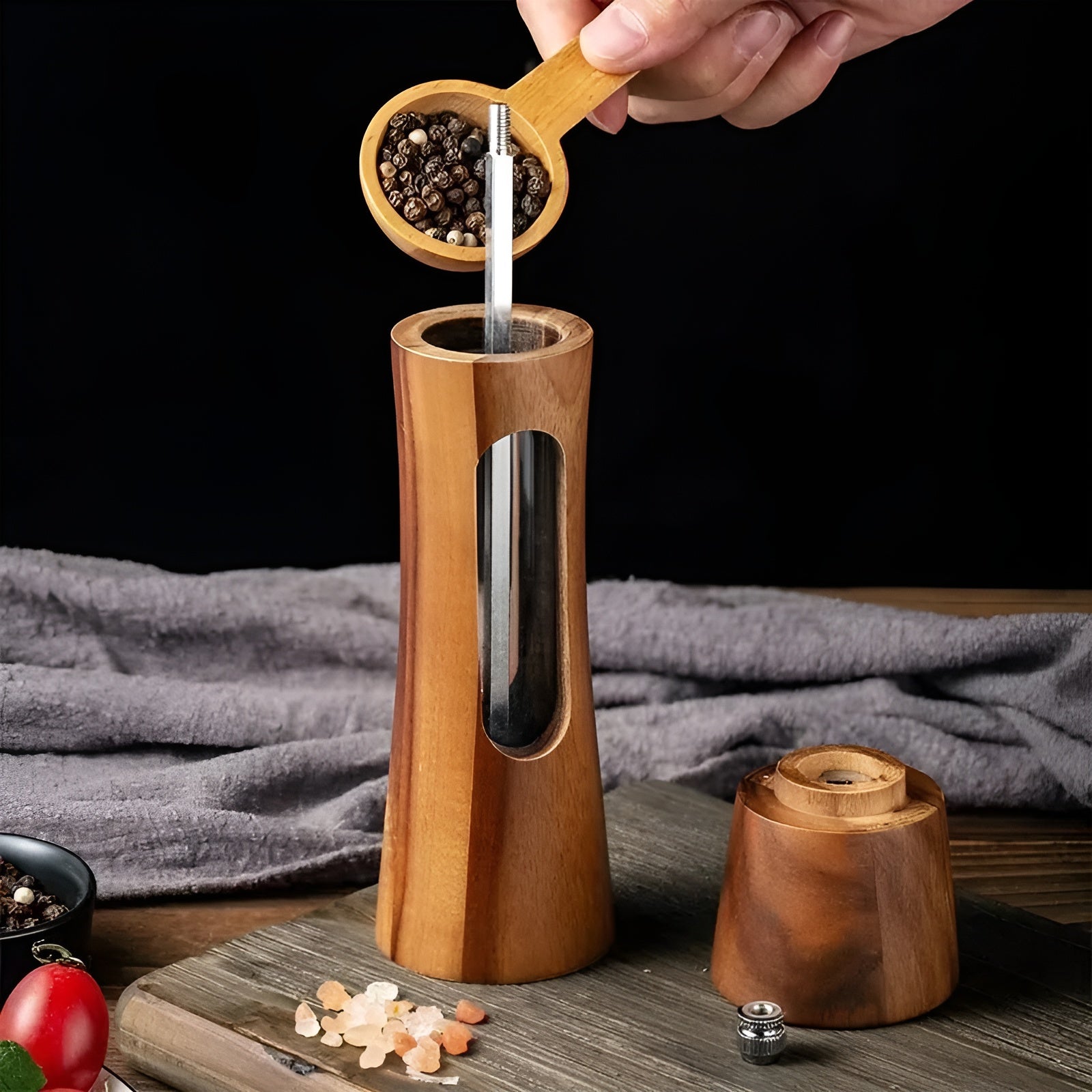 Sada mlýnků na sůl a pepř SpiceCraft, dřevěný design s akrylovým okénkem a nastavitelnými úrovněmi mletí | Lersk