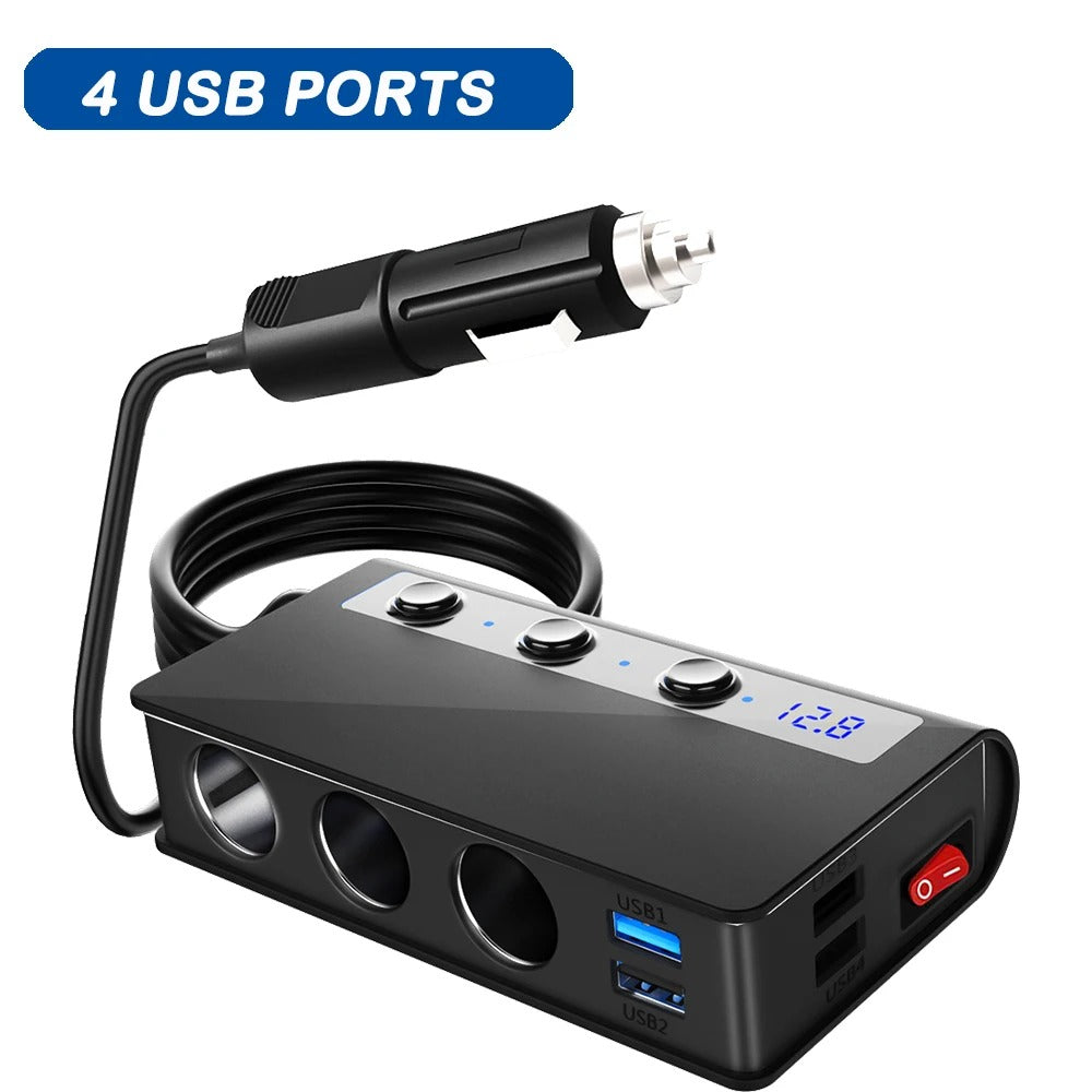 Rychlá nabíječka do auta NovaCharge se čtyřmi porty, USB porty a zásuvkami na zapalovač 180W | Lersk