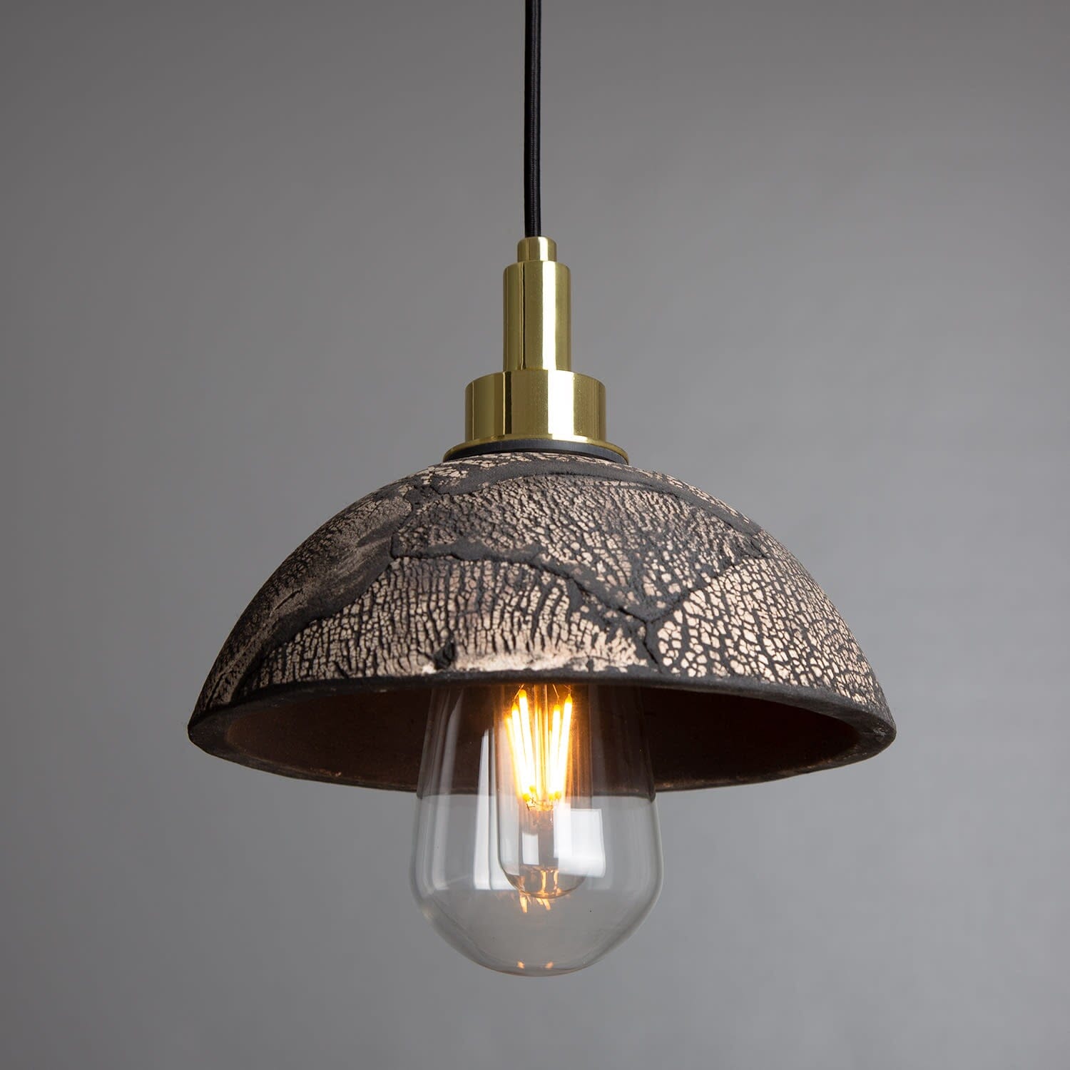 Elowen | 20cm Ceramic Dome Pendant Light For Bathroom, Black Clay, IP44 | Lersk
