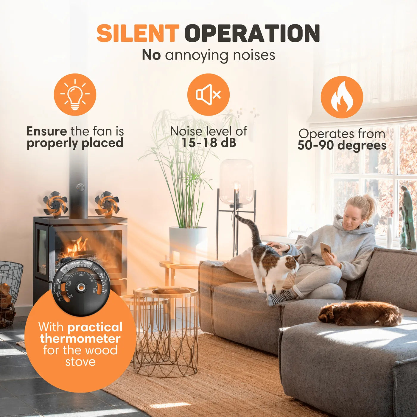 Thermomètre ventilateur pour poêle à bois AeroFlare avec démarrage et arrêt automatiques pour la circulation | Lersk