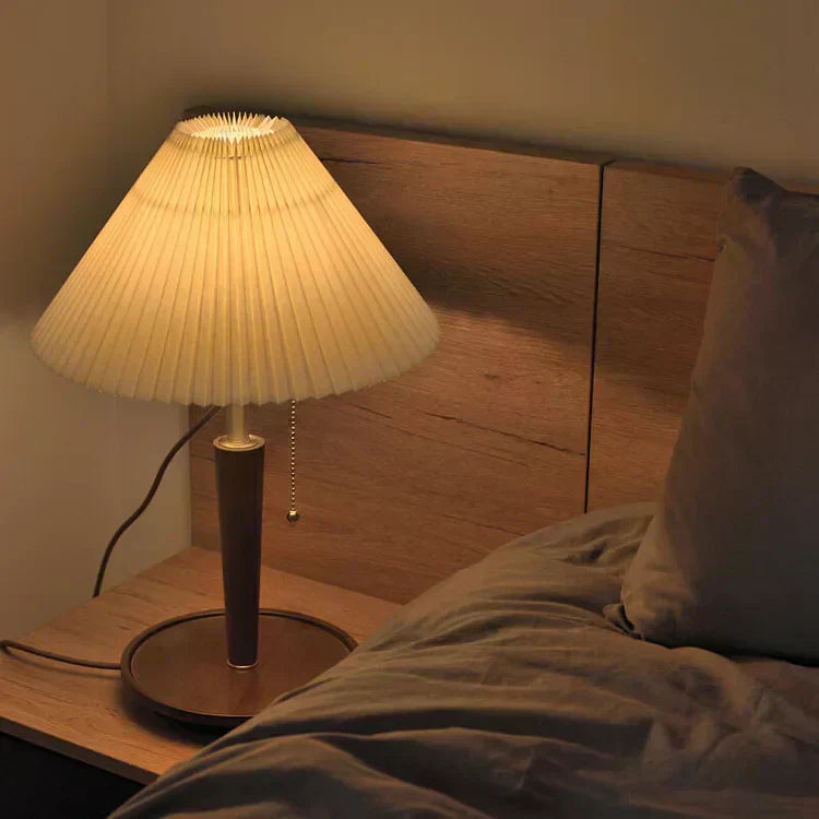CedarGlow Retro Wood Table Lamp with Pleated Design | Lersk