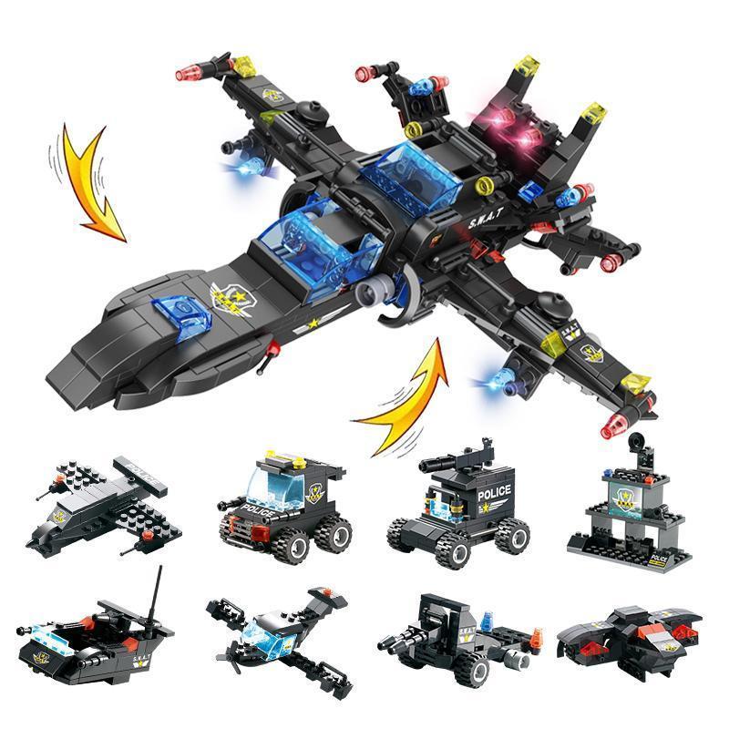 8-in-1-Roboter-Flugzeug-Auto-Stadt-Polizei-SWAT-Baustein-Set für Kinder und Familienspiel | Lersk