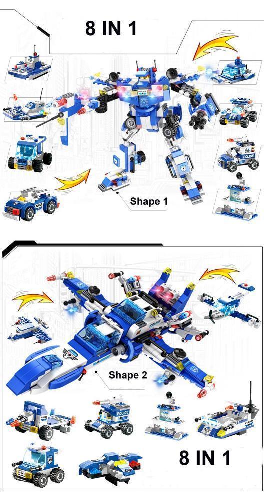 Set de construcție 8 în 1 cu robot, avion, mașină, oraș, poliție, echipă SWAT pentru joacă copii și familie | Lersk