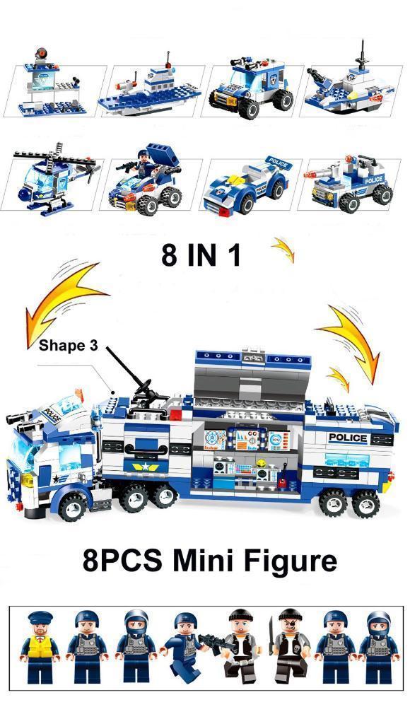 Set de construcție 8 în 1 cu robot, avion, mașină, oraș, poliție, echipă SWAT pentru joacă copii și familie | Lersk