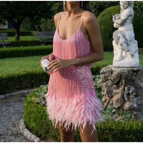 Nika Sequin Fringe Feather Dress For Women Party Ready | Lersk