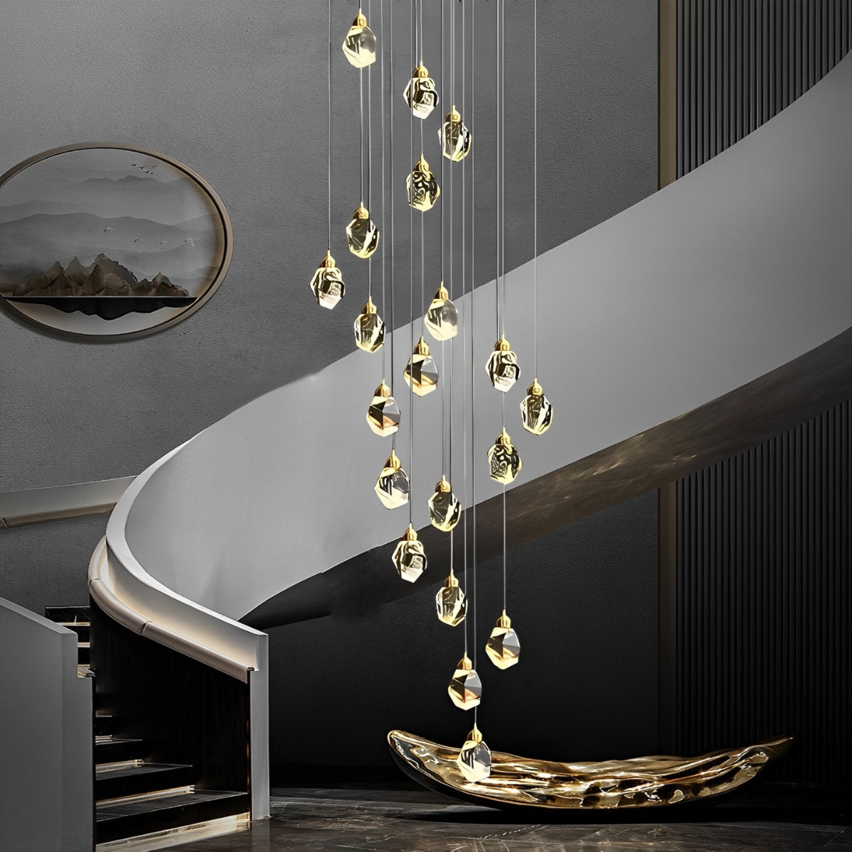 NyraLace Spiral Crystal Droplets Pendant Chandelier for Staircases and Hallways | Lersk